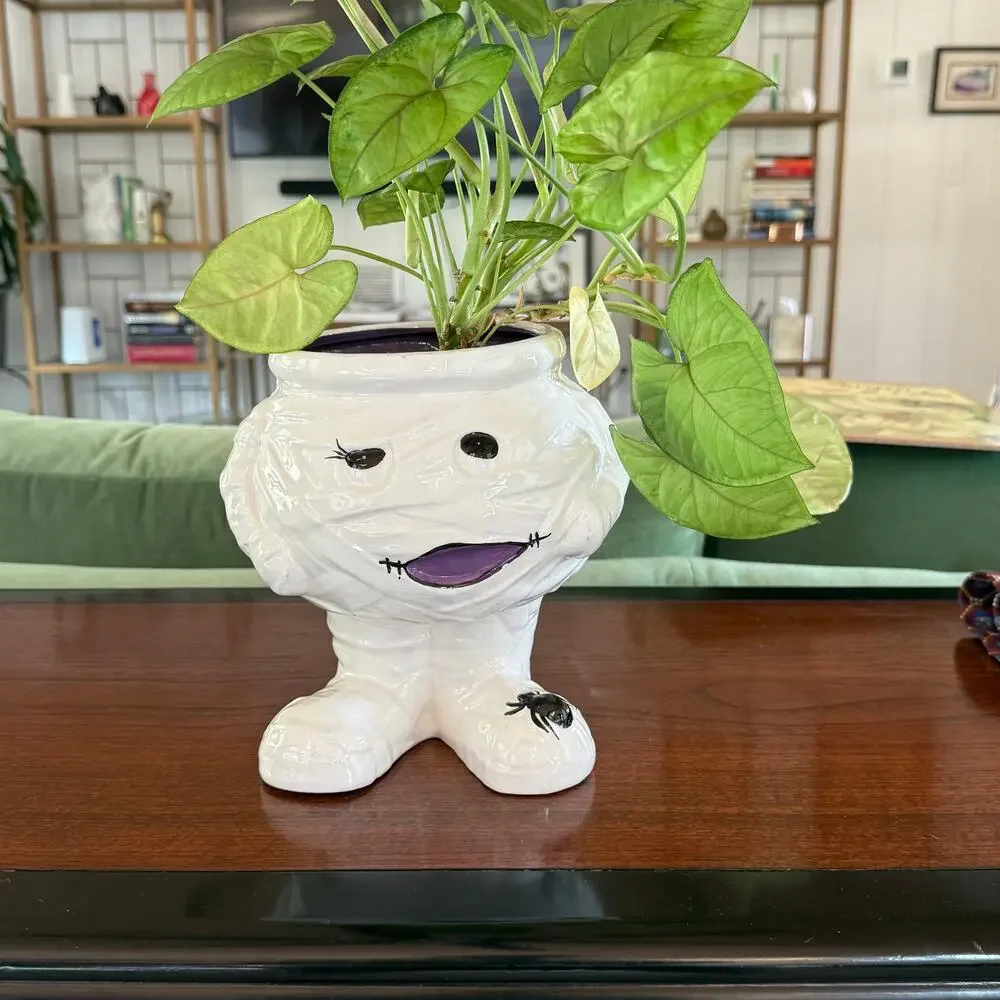 White Ceramic Cute Mummy Open Top Jar Vase Planter Bowl‎